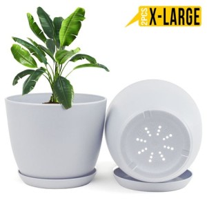 Set Of 2 Decorative Flower Pots With Drainage - Plastic Planters For Indoor Plants