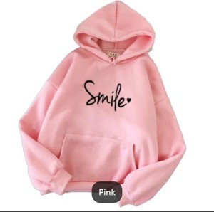 Smile Printed Fleece Full Sleeves Pull Over Hoodie In Pink For Women & Girls