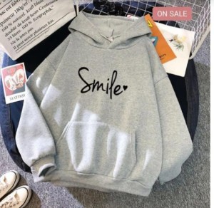 Smile Printed Fleece Full Sleeves Pull Over Hoodie In grey For Women & Girls