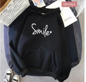 Smile Printed Fleece Full Sleeves Pull Over Hoodie In black For Women & Girls