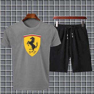 Summer Tracksuit Men's New Ferrari Printed Amazing Smart Fit Dark Gray T-Shirts And Black Shorts Soft & Comfy Fabric For Men And Boys