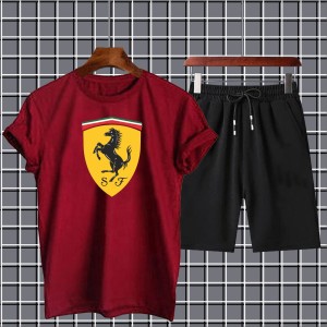 Summer Tracksuit Men's New Ferrari Printed Amazing Smart Fit Maroon T-Shirts And Black Shorts Soft & Comfy Fabric For Men And Boys-copy