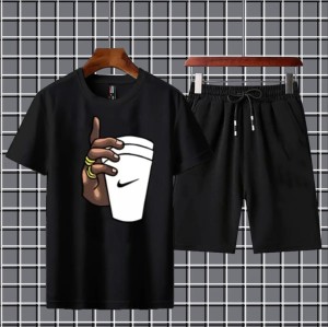 Summer Tracksuit T Shirt and Black Shorts Gym wear hand with cup printed summer track Men's Clothing Summer Breathable and comfortable