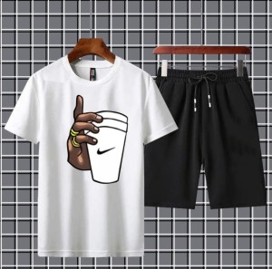 Summer Tracksuit T Shirt and Black Shorts Gym wear hand with cup printed summer track Men's Clothing Summer Breathable and comfortable