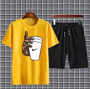 Summer Tracksuit T Shirt and Black Shorts Gym wear hand with cup printed summer track Men's Clothing Summer Breathable and comfortable-copy-copy