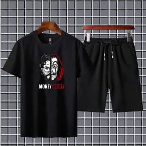 Summer Tracksuit T Shirt and Black Shorts Gym wear Money heist printed summer track Men's Clothing Summer Breathable and comfortable
