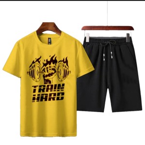 Summer Tracksuit T Shirt and Black Shorts Gym wear Train Hard printed summer track Men's Clothing Summer Breathable and comfortable