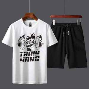 Summer Tracksuit T Shirt and Black Shorts Gym wear Train Hard printed summer track Men's Clothing Summer Breathable and comfortable