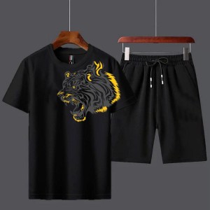 Tiger Design Summer Tracksuit T Shirt and Black Shorts Gym wear New printed summer track Men's Clothing Summer Breathable and comfortable