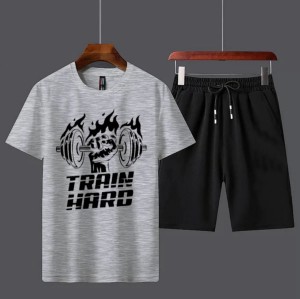 Summer Tracksuit T Shirt and Black Shorts Gym wear Train Hard printed summer track Men's Clothing Summer Breathable and comfortable