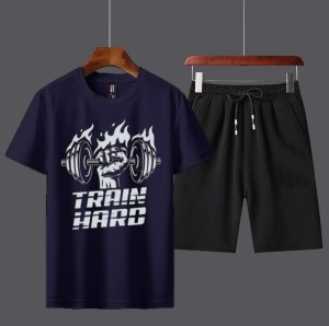 Summer Tracksuit T Shirt and Black Shorts Gym wear Train Hard printed summer track Men's Clothing Summer Breathable and comfortable-copy