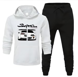 Supra Car Printed Tracksuit White Huddie & Black Trouser Trendy And Amazing Fleece Pocket Drawstring Winter Wear Smart Fit Hoody