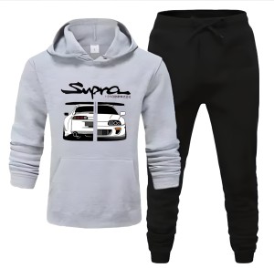 Supra Car Printed Tracksuit Grey Huddie & Black Trouser Trendy And Amazing Fleece Pocket Drawstring Winter Wear Smart Fit Hoody