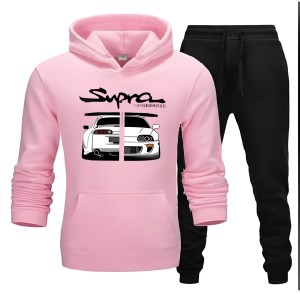 Supra Car Printed Tracksuit Pink Huddie & Black Trouser Trendy And Amazing Fleece Pocket Drawstring Winter Wear Smart Fit Hoody