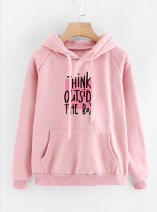 Think Outside The Box Printed Pnik Fleece Full Sleeves Pull Over Hoodie For Women & Girls