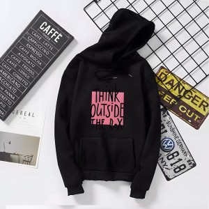 Think Outside The Box Printed black Fleece Full Sleeves Pull Over Hoodie For Women & Girls