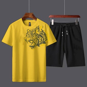 Tiger Design Summer Tracksuit T Shirt and Black Shorts Gym wear New printed summer track Men's Clothing Summer Breathable and comfortable