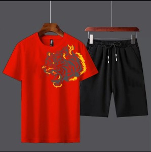 Tiger Design Summer Tracksuit T Shirt and Black Shorts Gym wear New printed summer track Men's Clothing Summer Breathable and comfortable
