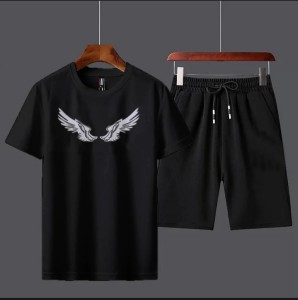 Eagle Wings Design Summer Tracksuit T Shirt and Black Shorts Gym wear New printed summer track Men's Clothing Summer Breathable and comfortable
