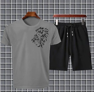 Tiger Printed in grey Cotton Half Sleeves O Neck Short & Tshirt For Men & Boys