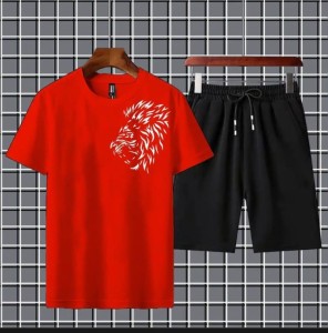 Tiger Printed in Red Cotton Half Sleeves O Neck Short & Tshirt For Men & Boys