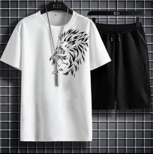Tiger Printed in white Cotton Half Sleeves O Neck Short & Tshirt For Men & Boys