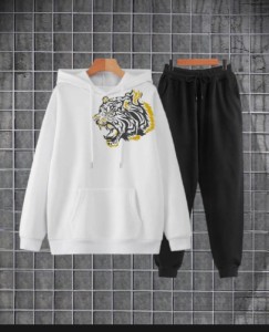 TIGER Printed Tracksuit White Huddie & Black Trouser Trendy And Amazing Fleece Pocket Drawstring Winter Wear Smart Fit Hoody