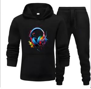 Track Suit NEW ARRIVAL - Earphone Printed Tracksuit Soft Fabric Stretchable black Huddle & Trouser Trendy Track Suit for Trendy Fashion Wear Track Sui