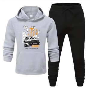 Tracksuit grey Huddie & Black Trouser Trendy And Amazing Car Drifting Printed Fleece Pocket Drawstring Winter Wear Smart Fit Hoody