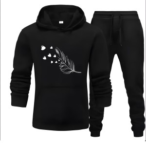 Tracksuit For Women And Girls Black Huddie & Black Trouser Trendy And Amazing Leaf Printed Fleece Pocket Drawstring Winter Wear Smart Fit Hoody