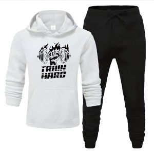 Tracksuit White & Black Trouser Trendy And Amazing Train Hard Printed Fleece Pocket Drawstring Winter Wear Smart Fit Hoody