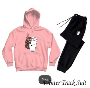 Tracksuit For Women & Girls Pink Huddie & Black Trouser Trendy And Amazing Hand Wth Cup Printed Fleece Pocket Drawstring Winter Wear Smart Fit Hoody