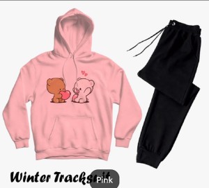 Tracksuit For Women & Girls Pink Huddie & Black Trouser Trendy And Amazing Cute 2 Bear Printed Fleece Pocket Drawstring Winter Wear Smart Fit Hoody