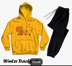 Tracksuit For Women & Girls Yellow Huddie & Black Trouser Trendy And Amazing Cute 2 Bear Printed Fleece Pocket Drawstring Winter Wear Smart Fit Hoody