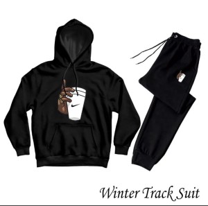 Tracksuit For Women & Girls Black Huddie & Black Trouser Trendy And Amazing Hand Wth Cup Printed Fleece Pocket Drawstring Winter Wear Smart Fit Hoody