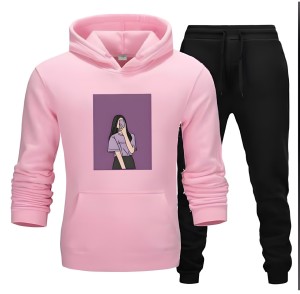 Tracksuit For Women & Girls Pink Huddie & Black Trouser Trendy Cute Selfi Girl Printed Fleece Pocket Drawstring Winter Wear Smart Fit Hoody