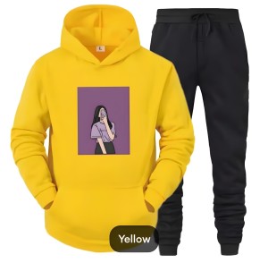 Tracksuit For Women & Girls Yellow Huddie & Black Trouser Trendy  Cute Selfi Girl Printed Fleece Pocket Drawstring Winter Wear Smart Fit Hoody