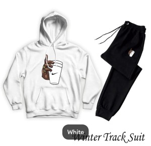 Tracksuit For Women & Girls White Huddie & Black Trouser Trendy And Amazing Hand Wth Cup Printed Fleece Pocket Drawstring Winter Wear Smart Fit Hoody