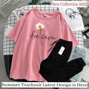 Tracksuit for Women and Girl Summer  Shirt and Black Trouser Gym wear New Believe printed Clothing Summer Breathable and comfortable