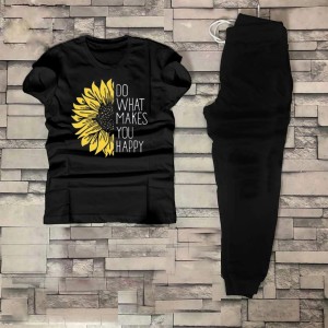 Tracksuit for Women and Girl Summer  Shirt and Black Trouser Gym wear New Do what makes you happy printed Clothing Summer Breathable and comfortable