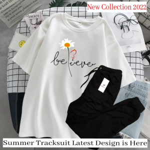 Tracksuit for Women and Girl Summer  Shirt and Black Trouser Gym wear New Believe printed Clothing Summer Breathable and comfortable