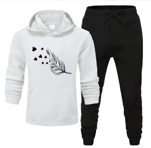 Tracksuit For Women And Girls white Huddie & Black Trouser Trendy And Amazing Leaf Printed Fleece Pocket Drawstring Winter Wear Smart Fit Hoody