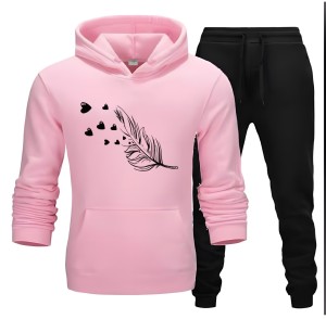 Tracksuit For Women And Girls Pink Huddie & Black Trouser Trendy And Amazing Leaf Printed Fleece Pocket Drawstring Winter Wear Smart Fit Hoody