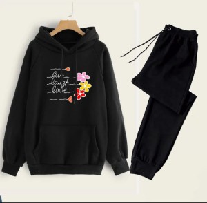 Tracksuit For Women And Girls Black Huddie & Trouser Trendy And Amazing Live Life Printed Fleece Pocket Drawstring Winter Wear Smart Fit Hoody