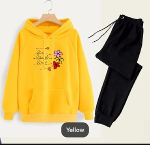 Tracksuit For Women And Girl Yellow Huddie & Black Trouser Trendy And Amazing Live Life Printed Fleece Pocket Drawstring Winter Wear Smart Fit Hoody