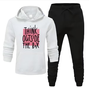 Tracksuit For Women And Girls white Huddie & Black Trouser Trendy Think Outside The Box Printed Fleece Pocket Drawstring Winter Wear Smart Fit Hoody