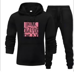 Tracksuit For Women And Girls Black Huddie & Black Trouser Trendy Think Outside The Box Printed Fleece Pocket Drawstring Winter Wear Smart Fit Hoody