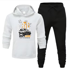 Tracksuit white Huddie & Black Trouser Trendy And Amazing Car Drifting Printed Fleece Pocket Drawstring Winter Wear Smart Fit Hoody