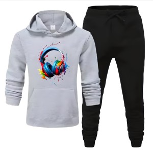 Tracksuit Grey Huddie & Black Trouser Trendy And Amazing Headphone Printed Fleece Pocket Drawstring Winter Wear Smart Fit Hoody