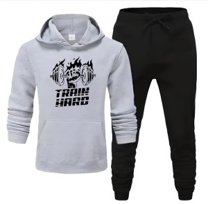 Tracksuit Grey Huddie & Black Trouser Trendy And Amazing Train Hard Printed Fleece Pocket Drawstring Winter Wear Smart Fit Hoody